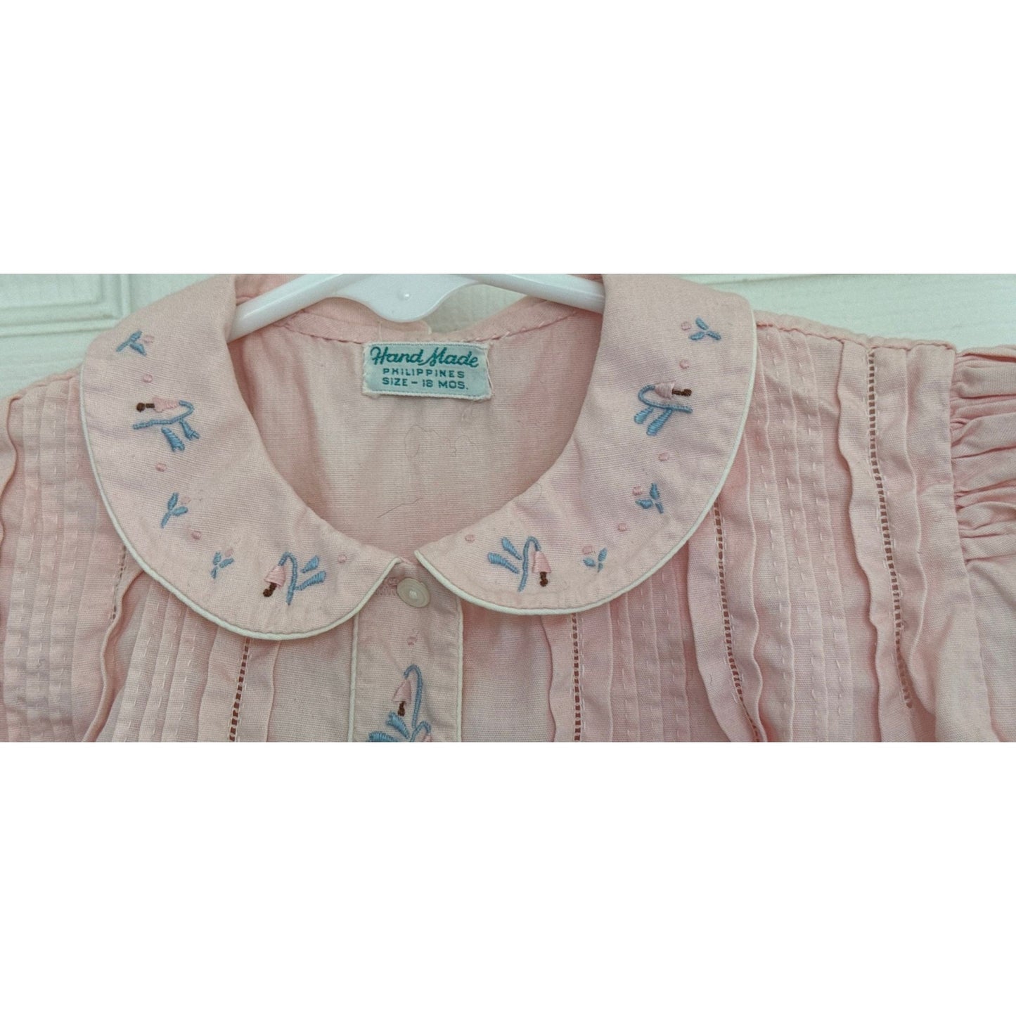 Vtg Pink Baby Dress 1950s Hand Made Philippines Size 18 Months Emboidered Snow Drop Flowers Puff Sleeves 6 Tiny Buttons Mid-Century