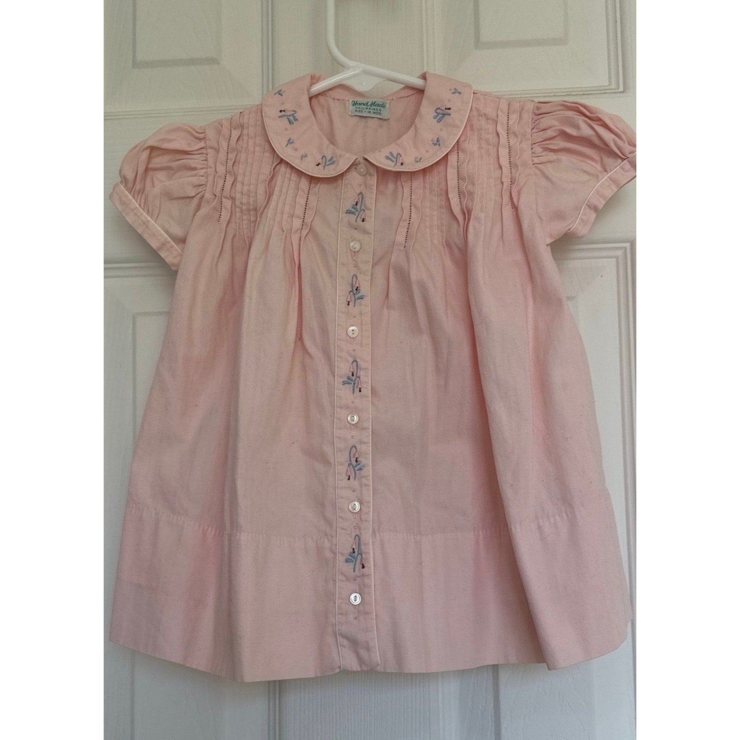 Vtg Pink Baby Dress 1950s Hand Made Philippines Size 18 Months Emboidered Snow Drop Flowers Puff Sleeves 6 Tiny Buttons Mid-Century