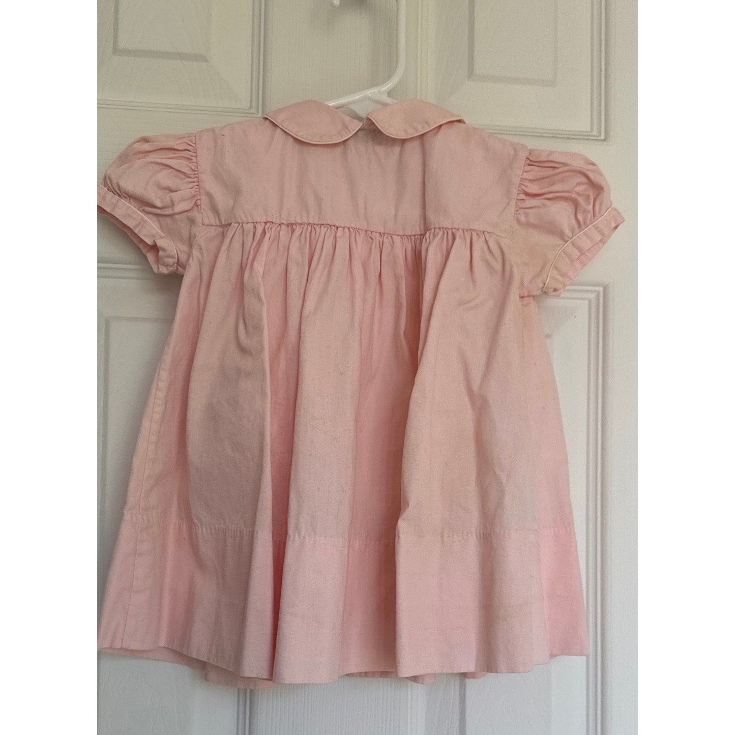 Vtg Pink Baby Dress 1950s Hand Made Philippines Size 18 Months Emboidered Snow Drop Flowers Puff Sleeves 6 Tiny Buttons Mid-Century