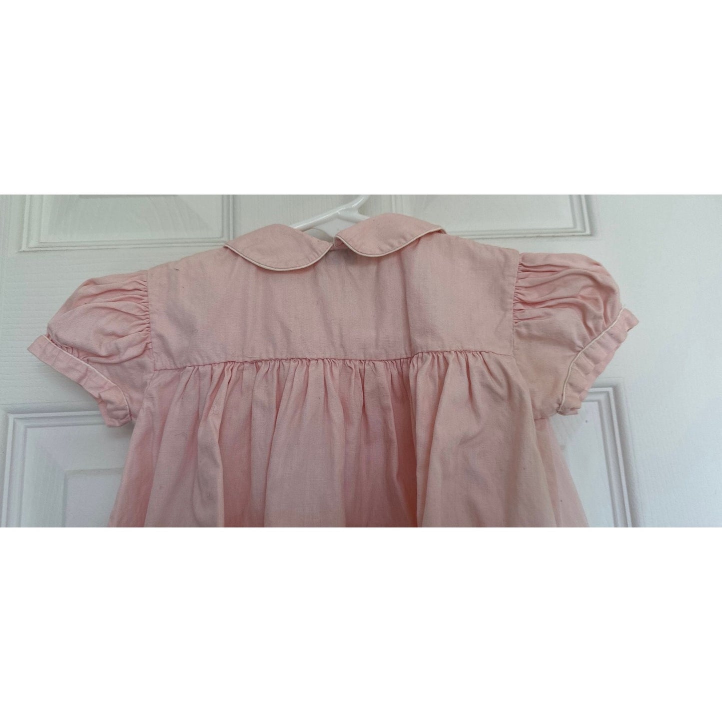 Vtg Pink Baby Dress 1950s Hand Made Philippines Size 18 Months Emboidered Snow Drop Flowers Puff Sleeves 6 Tiny Buttons Mid-Century