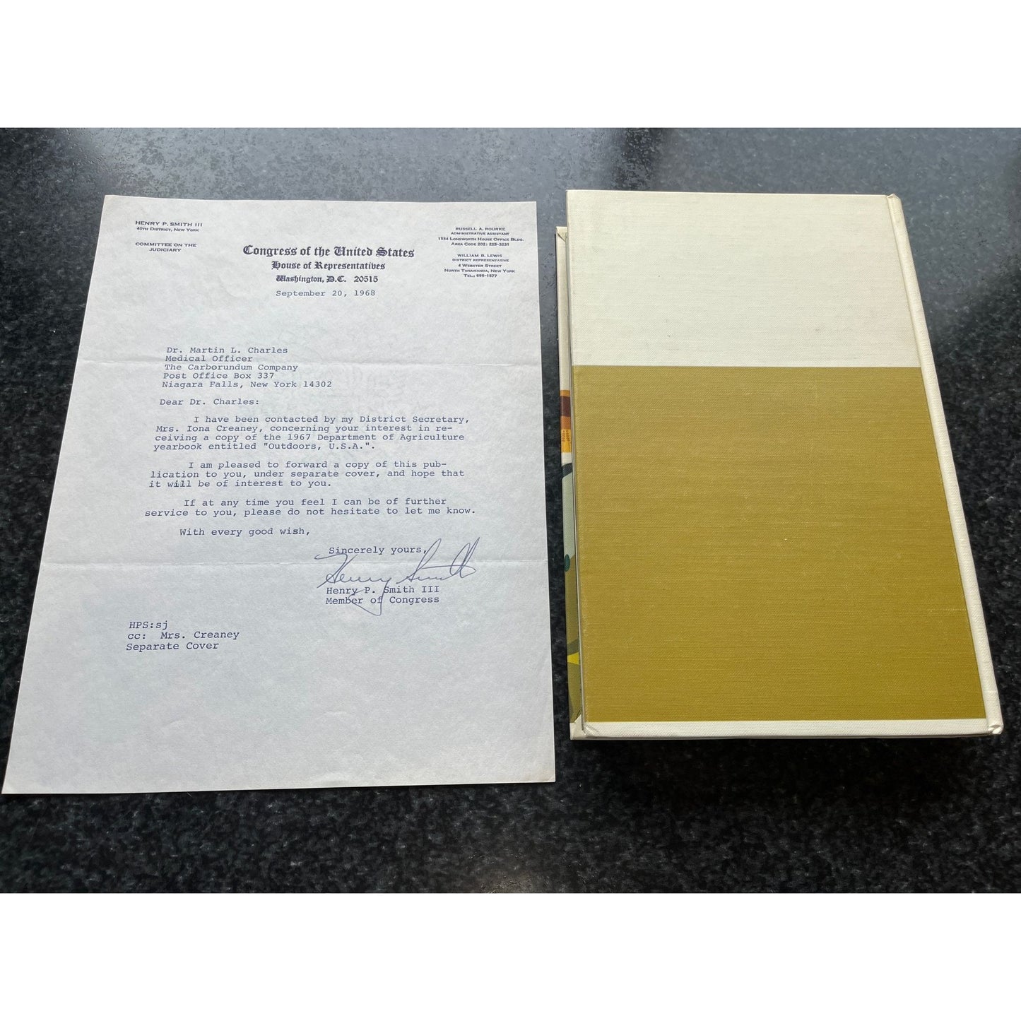 Vtg Henry  P. Smith III Typed Letter Signed 09/20/1968 & Outdoors USA; The Yearbook of Agriculture 1967