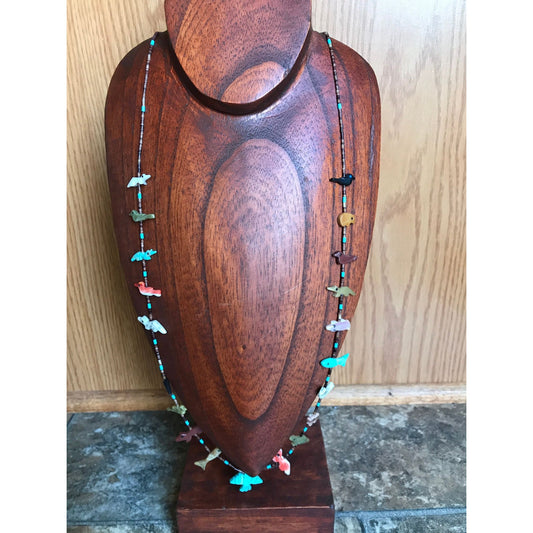 Vtg Zuni Fetish Necklace Native American Hand Carved Turquoise Thunderbird Center Various 20 Animals & Stones