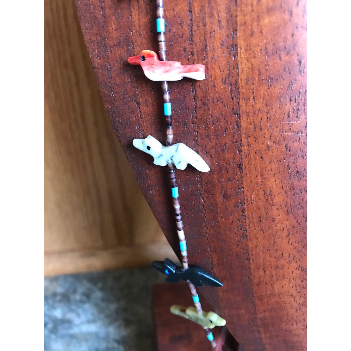 Vtg Zuni Fetish Necklace Native American Hand Carved Turquoise Thunderbird Center Various 20 Animals & Stones