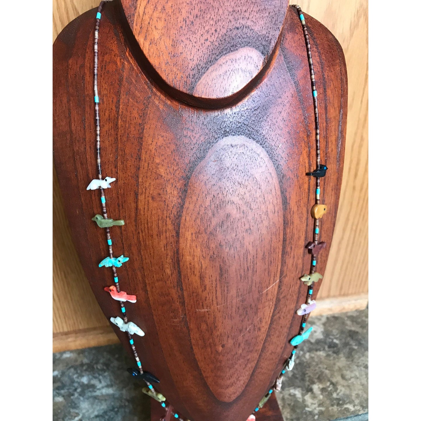 Vtg Zuni Fetish Necklace Native American Hand Carved Turquoise Thunderbird Center Various 20 Animals & Stones