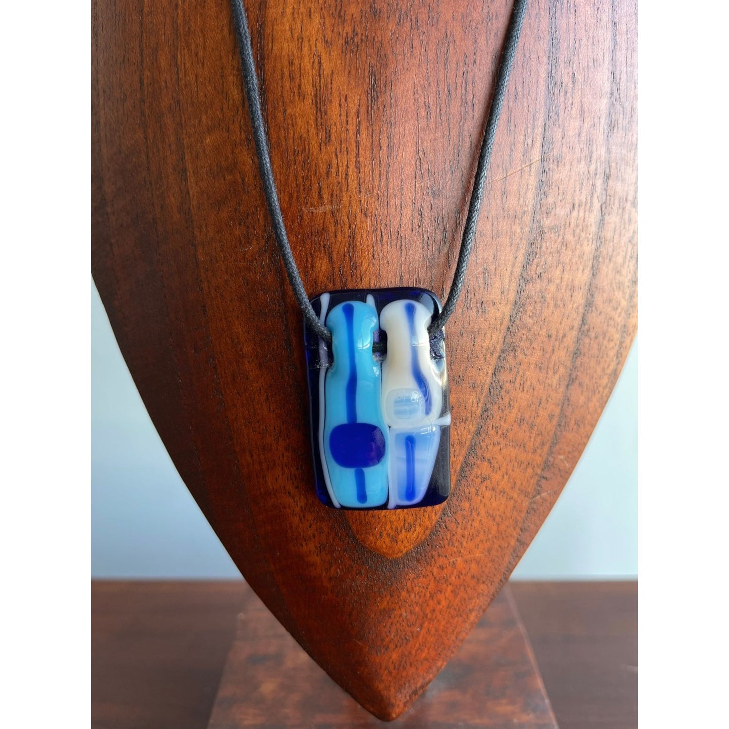 Vtg Handmade Blue White Abstract Fused Glass Pendant Necklace Signed By Artist AH Rospert Strung On Black Leather