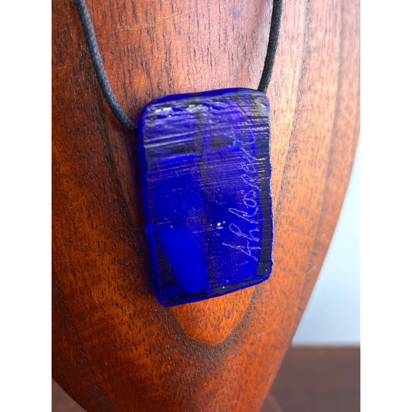 Vtg Handmade Blue White Abstract Fused Glass Pendant Necklace Signed By Artist AH Rospert Strung On Black Leather