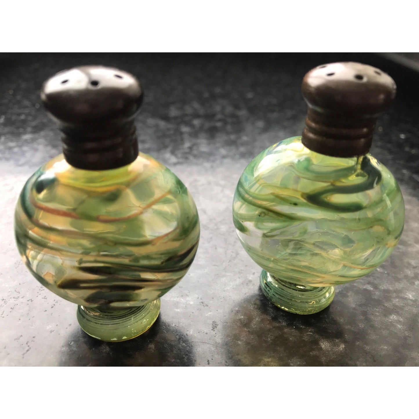 Vtg Murano Studio Art Glass Salt And Pepper Shaker Set Ornate Green & Blue Glass 2"  x 1" Pedestal Base Metal Lid