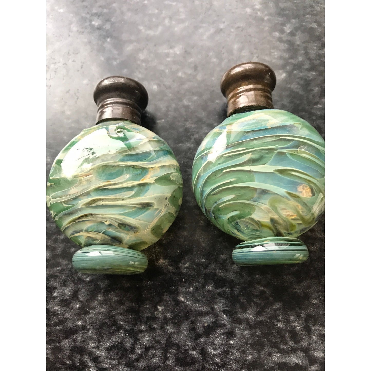 Vtg Murano Studio Art Glass Salt And Pepper Shaker Set Ornate Green & Blue Glass 2"  x 1" Pedestal Base Metal Lid