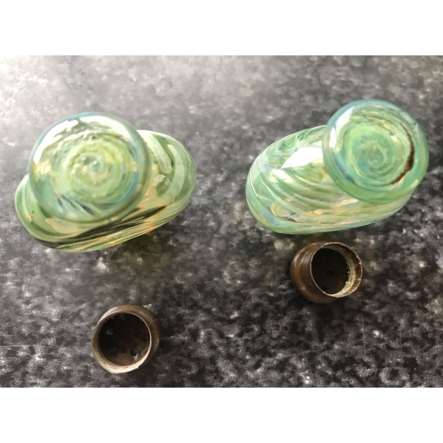 Vtg Murano Studio Art Glass Salt And Pepper Shaker Set Ornate Green & Blue Glass 2"  x 1" Pedestal Base Metal Lid