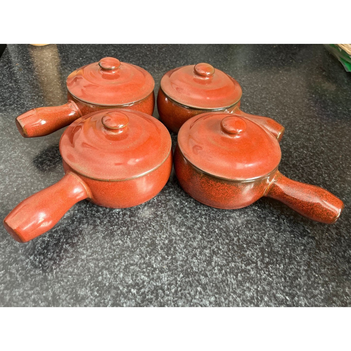 Vtg 1970's Set Of 4 Burnt Red Ceramic Soup Crocks With Lids Soup Oven Microwave Proof 8 Oz. New Made In Korea