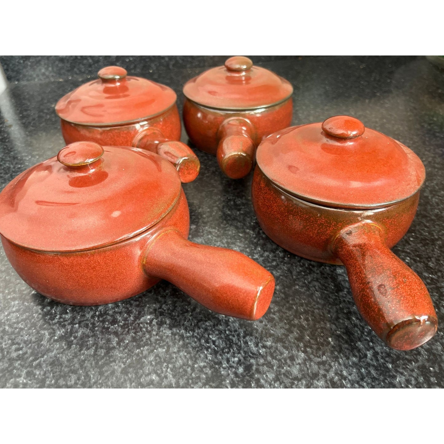 Vtg 1970's Set Of 4 Burnt Red Ceramic Soup Crocks With Lids Soup Oven Microwave Proof 8 Oz. New Made In Korea