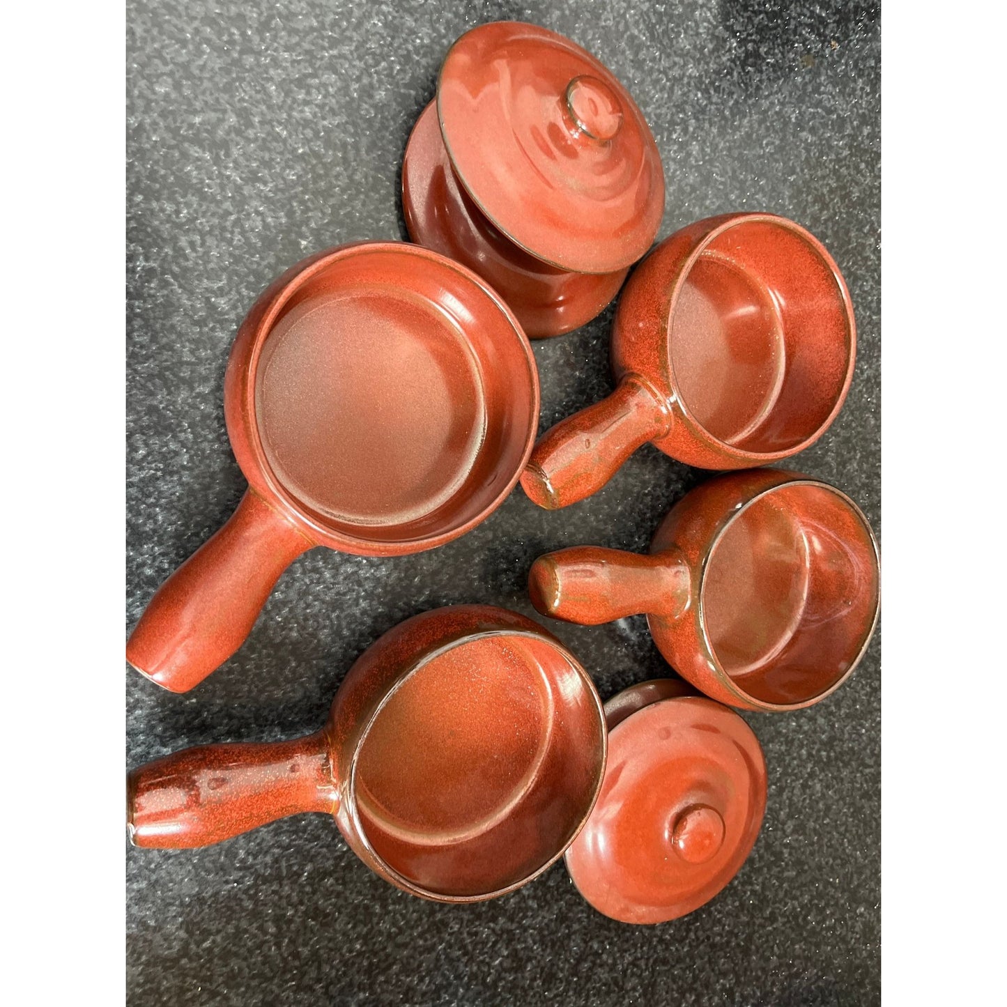 Vtg 1970's Set Of 4 Burnt Red Ceramic Soup Crocks With Lids Soup Oven Microwave Proof 8 Oz. New Made In Korea