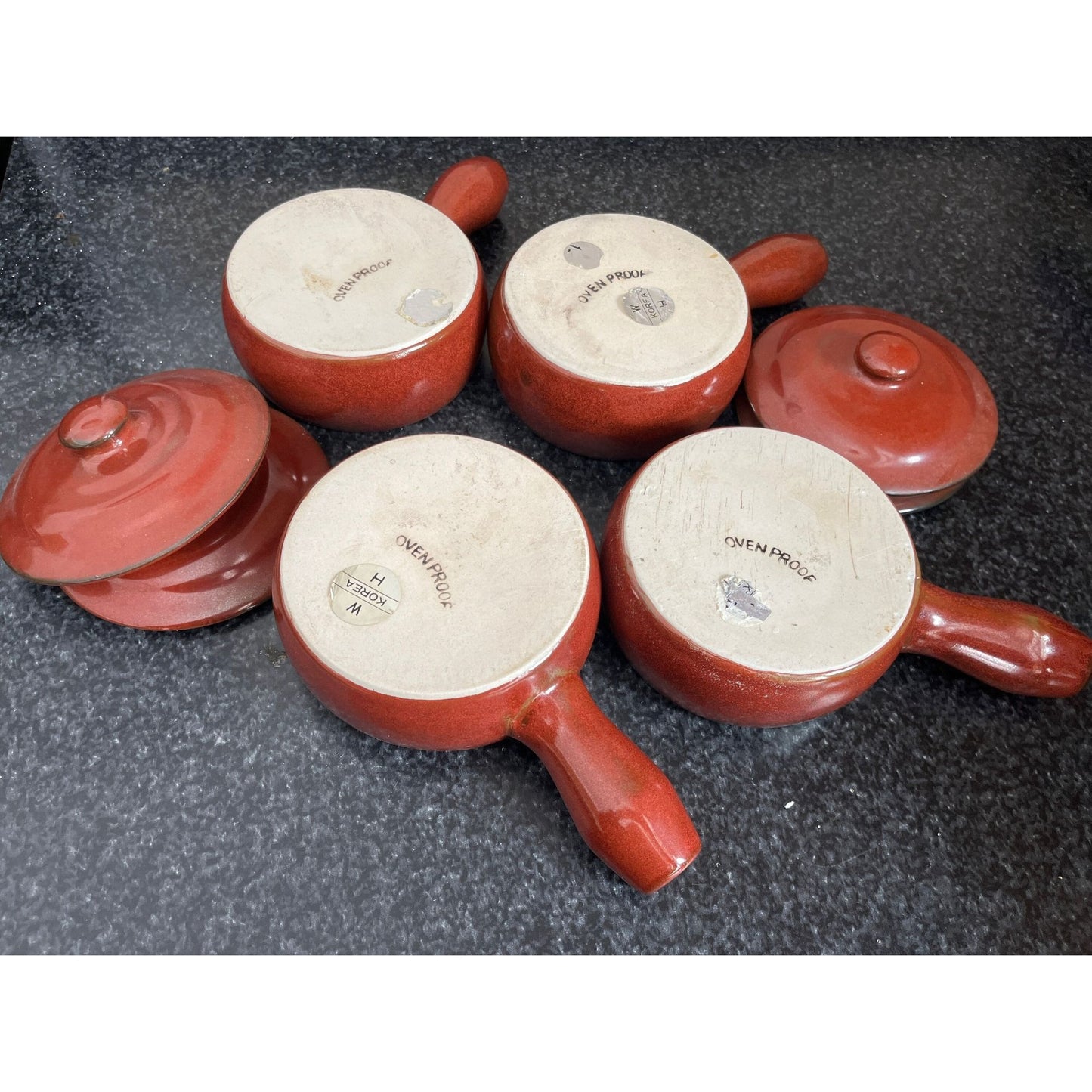 Vtg 1970's Set Of 4 Burnt Red Ceramic Soup Crocks With Lids Soup Oven Microwave Proof 8 Oz. New Made In Korea