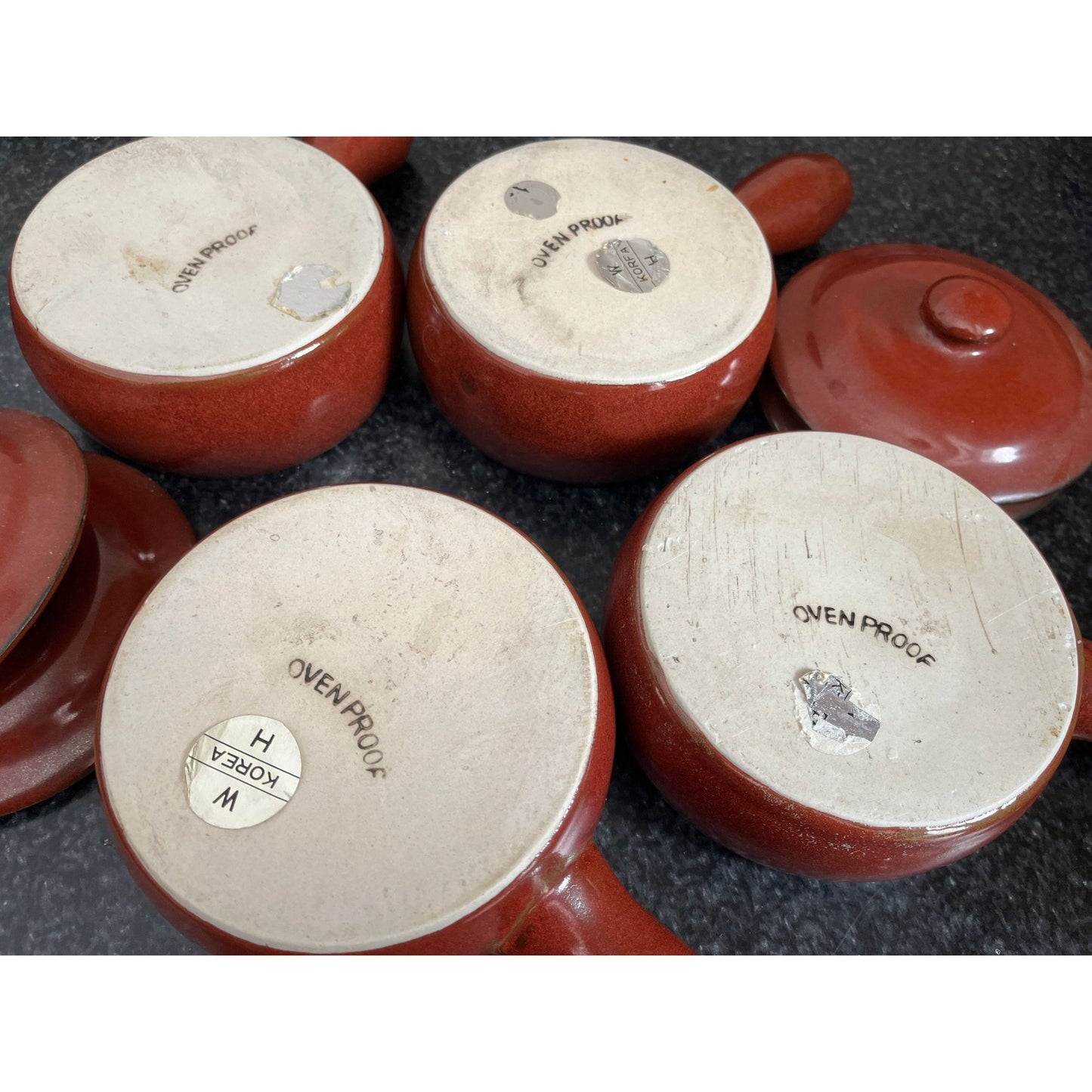 Vtg 1970's Set Of 4 Burnt Red Ceramic Soup Crocks With Lids Soup Oven Microwave Proof 8 Oz. New Made In Korea