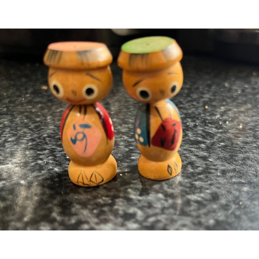 Vtg 1960's Kokeshi Pair Male Female Dolls Japanese Wooden Doll Hand Painted Stamped Japan On Base 1 3/4"