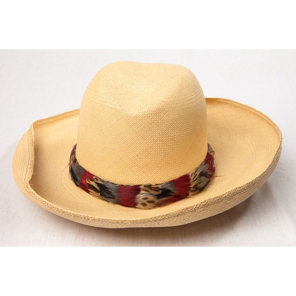 Vtg 1970's Beige Hand Woven Soft Straw Hat Wide Brim NWOT Band Of Multi Colored Feathers USA Small