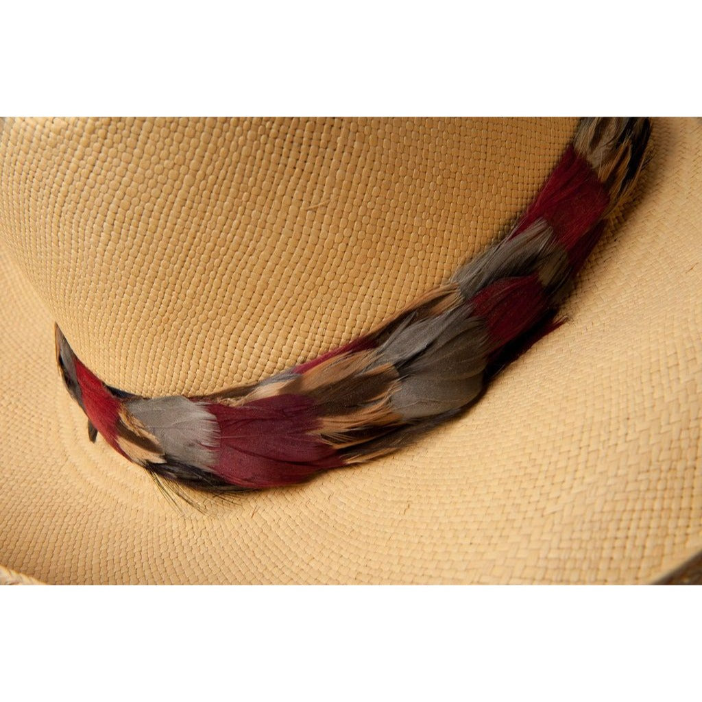 Vtg 1970's Beige Hand Woven Soft Straw Hat Wide Brim NWOT Band Of Multi Colored Feathers USA Small