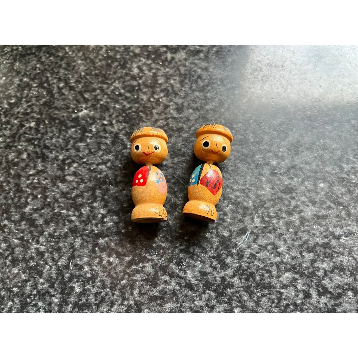 Vtg 1960's Kokeshi Pair Male Female Dolls Japanese Wooden Doll Hand Painted Stamped Japan On Base 1 3/4"