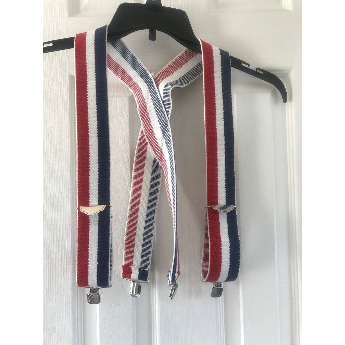 Vintage Red White And Blue Striped Suspenders Elastic Braces Silver Tone Hardware 2" Wide