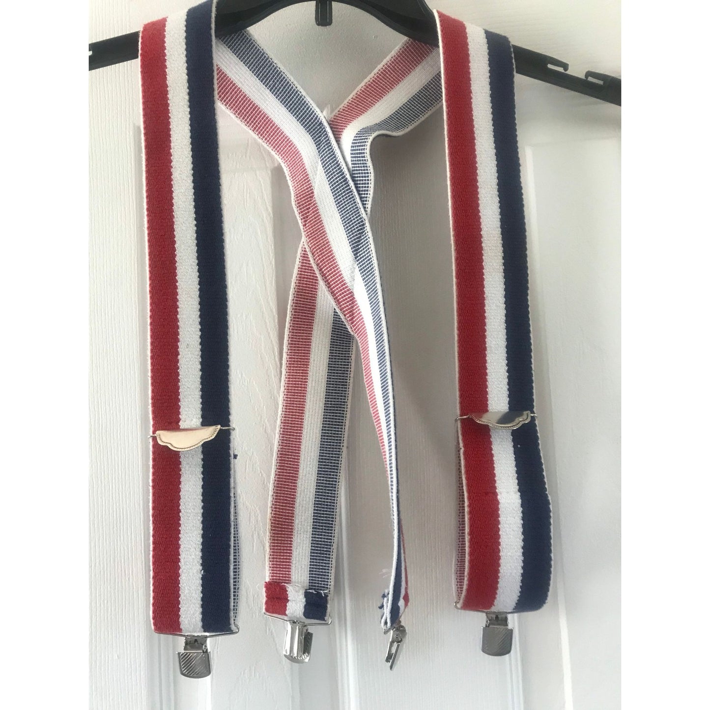 Vintage Red White And Blue Striped Suspenders Elastic Braces Silver Tone Hardware 2" Wide