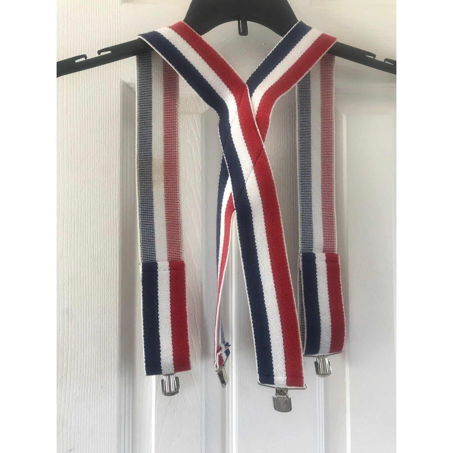 Vintage Red White And Blue Striped Suspenders Elastic Braces Silver Tone Hardware 2" Wide