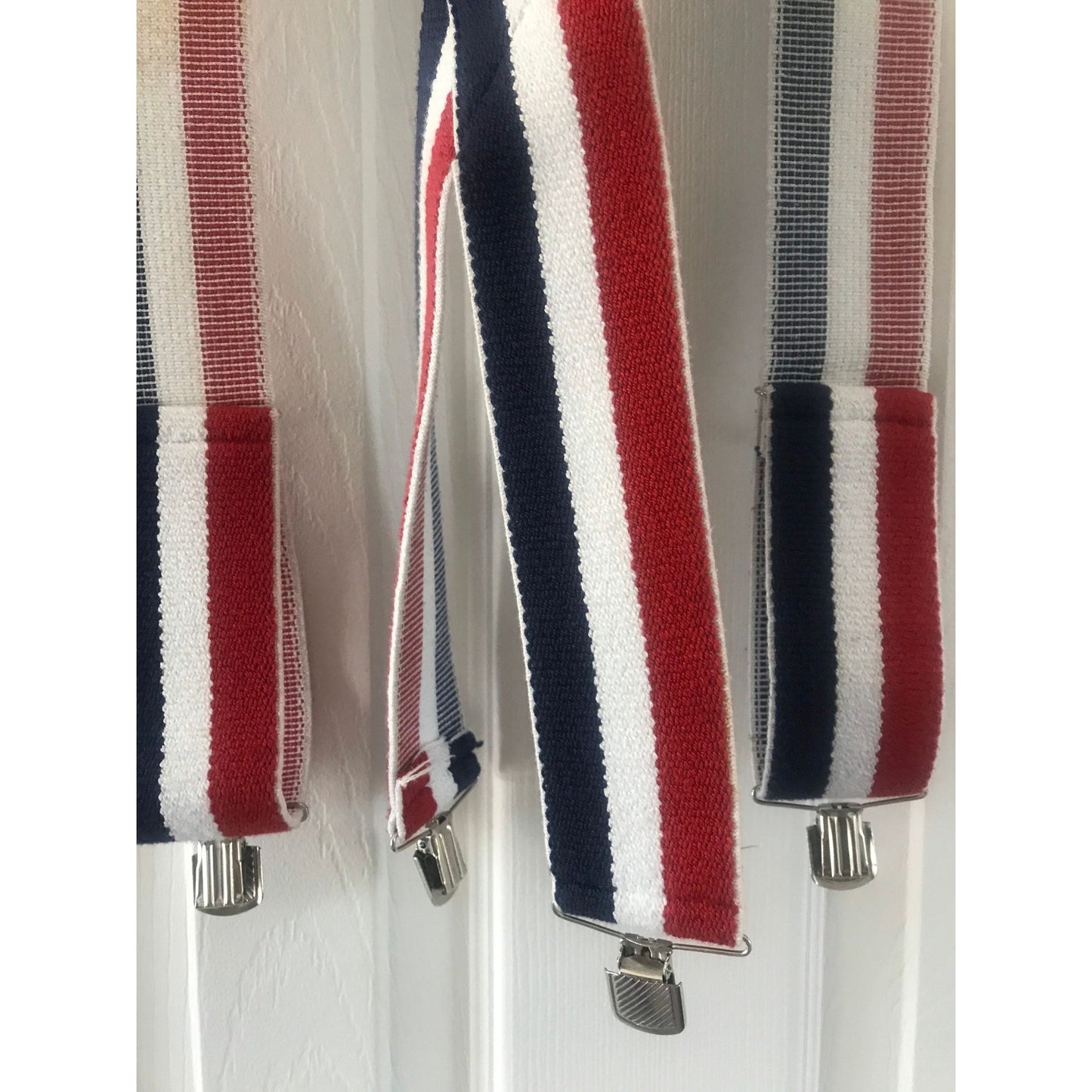 Vintage Red White And Blue Striped Suspenders Elastic Braces Silver Tone Hardware 2" Wide