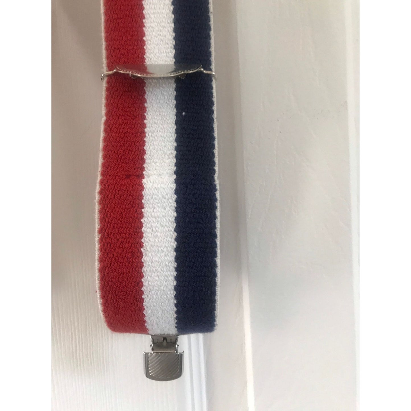 Vintage Red White And Blue Striped Suspenders Elastic Braces Silver Tone Hardware 2" Wide