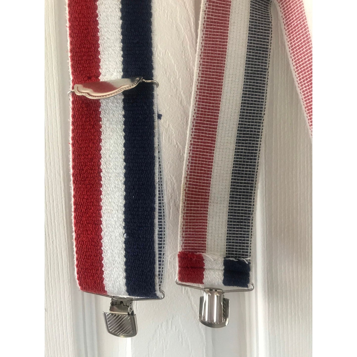 Vintage Red White And Blue Striped Suspenders Elastic Braces Silver Tone Hardware 2" Wide