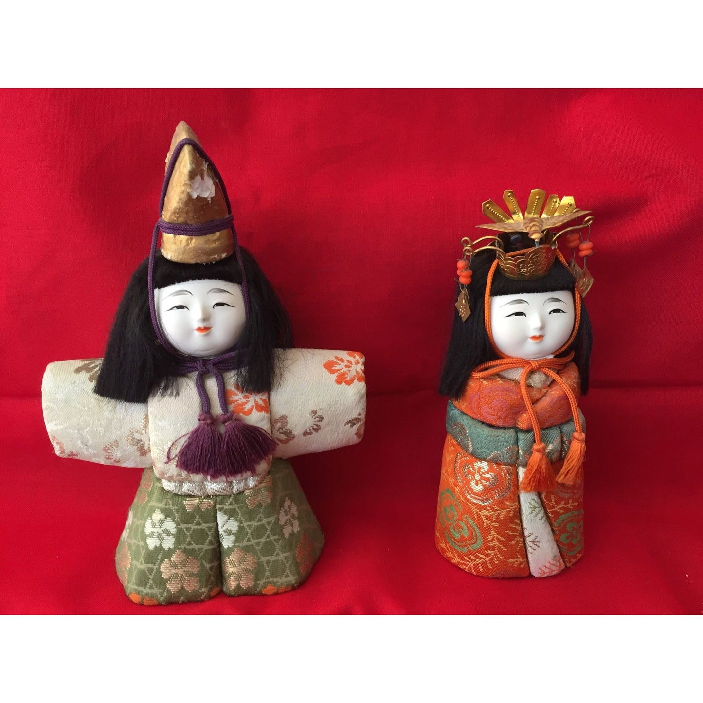 Vtg Handmade Emperor and Empress Standing Dolls With 100% Silk Kimonos Multicolor Hand Painted With Head Dress