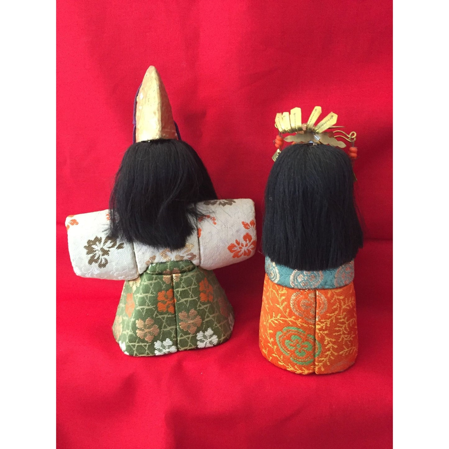 Vtg Handmade Emperor and Empress Standing Dolls With 100% Silk Kimonos Multicolor Hand Painted With Head Dress