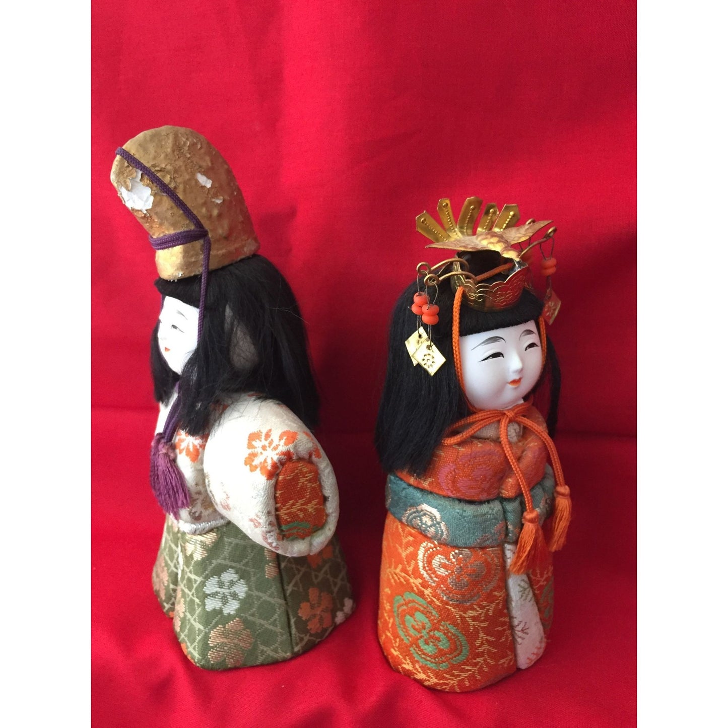 Vtg Handmade Emperor and Empress Standing Dolls With 100% Silk Kimonos Multicolor Hand Painted With Head Dress