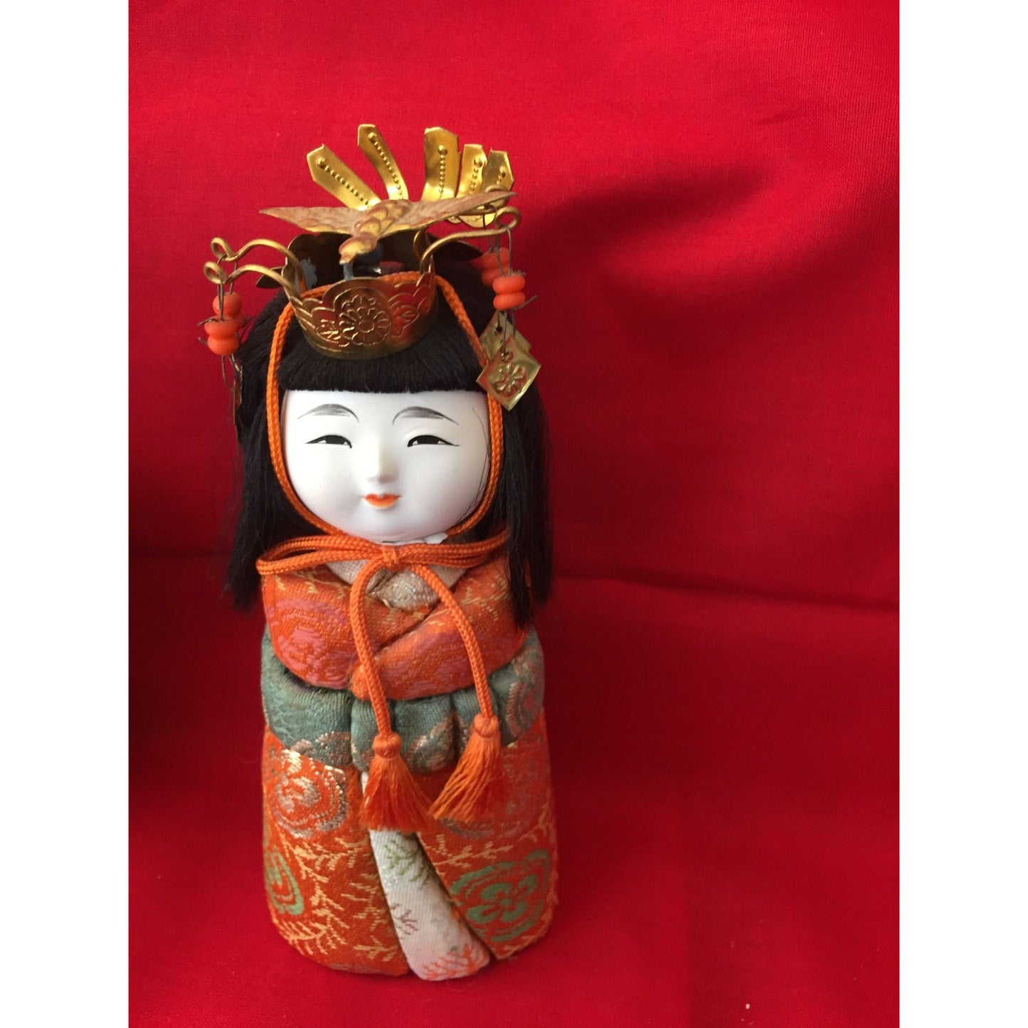 Vtg Handmade Emperor and Empress Standing Dolls With 100% Silk Kimonos Multicolor Hand Painted With Head Dress