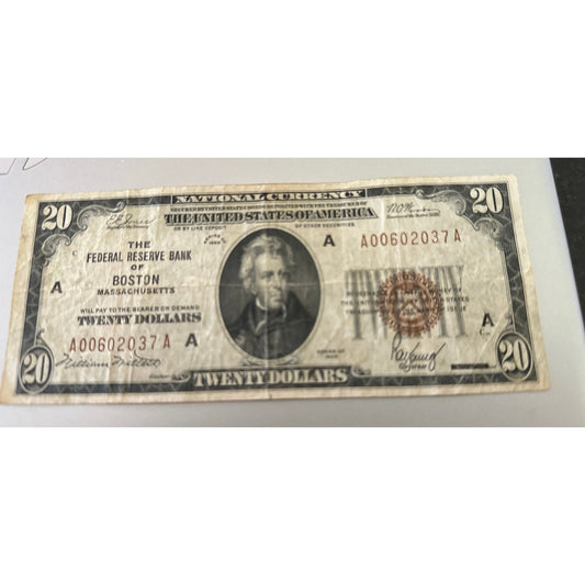 1929 Twenty Dollar National Currency Note 20 Bill - Boston Massachusetts Brown Seal