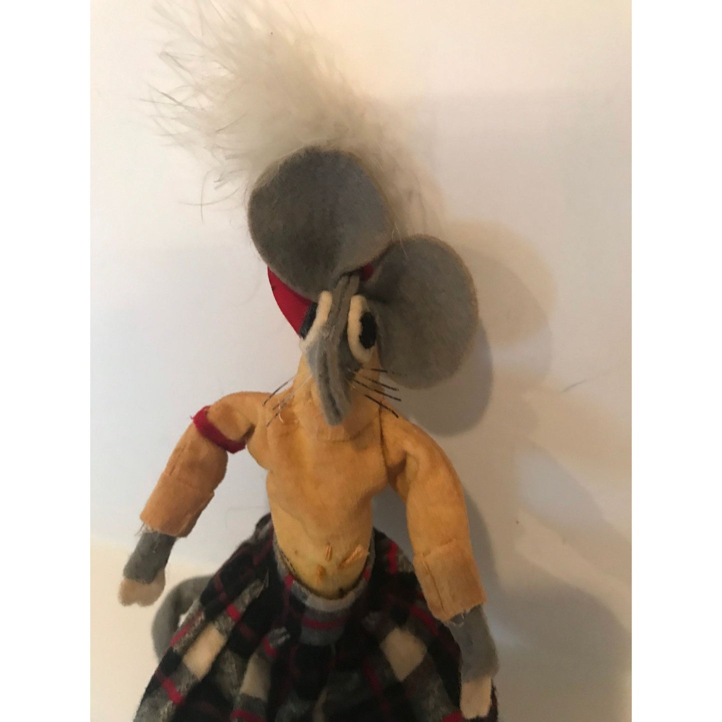 Vtg 1950's Wire Body Felt Mouse Doll Handmade White Feather In Red Felt Hat Plaid Skirt Tail Whiskers